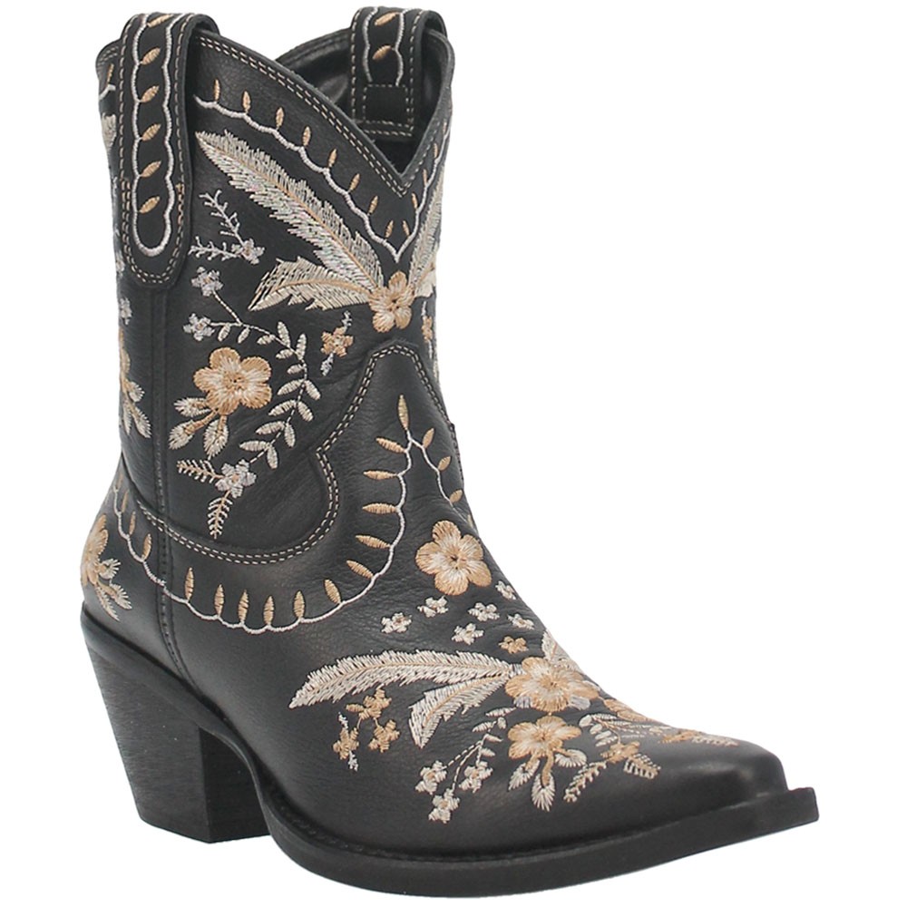 Dingo Primrose Floral Embroidered Snip Toe Pull On Cowboy Booties Womens Black C