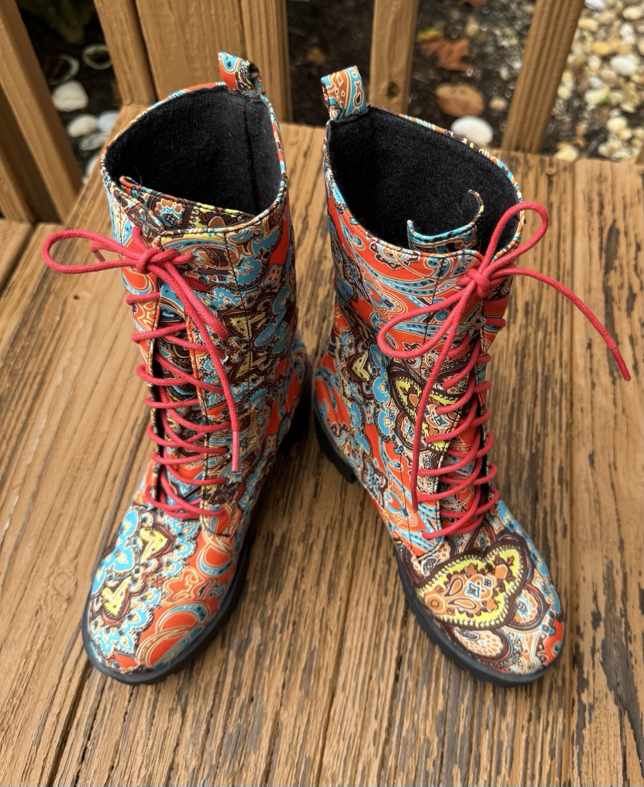 Womens Combat Boots Paisley Print Orange/Teal/Brown Red Laces Lightweight US 5M*