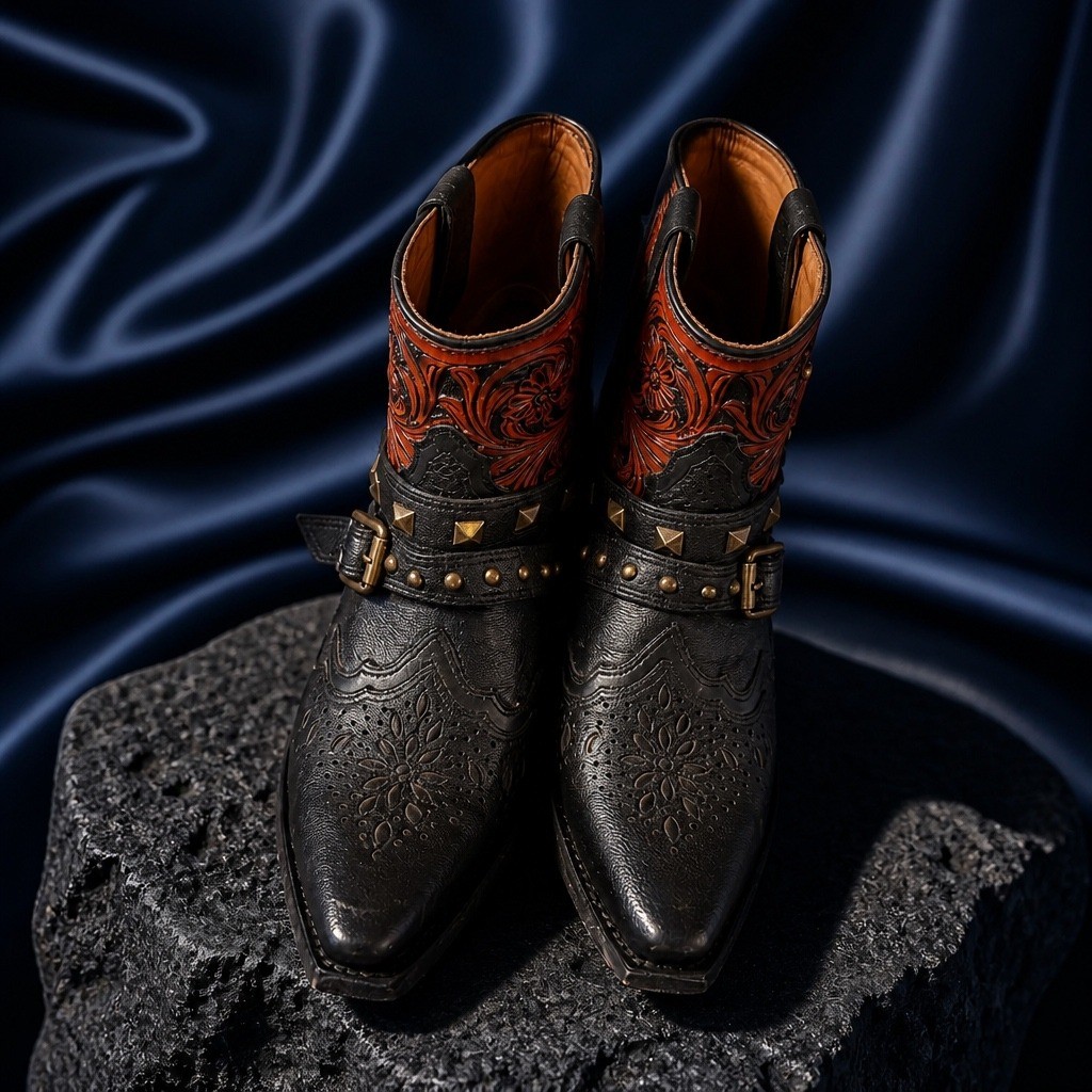 Dan Post Womens Black Tooled Leather Harness Western Ankle Boots Snip Toe 7M