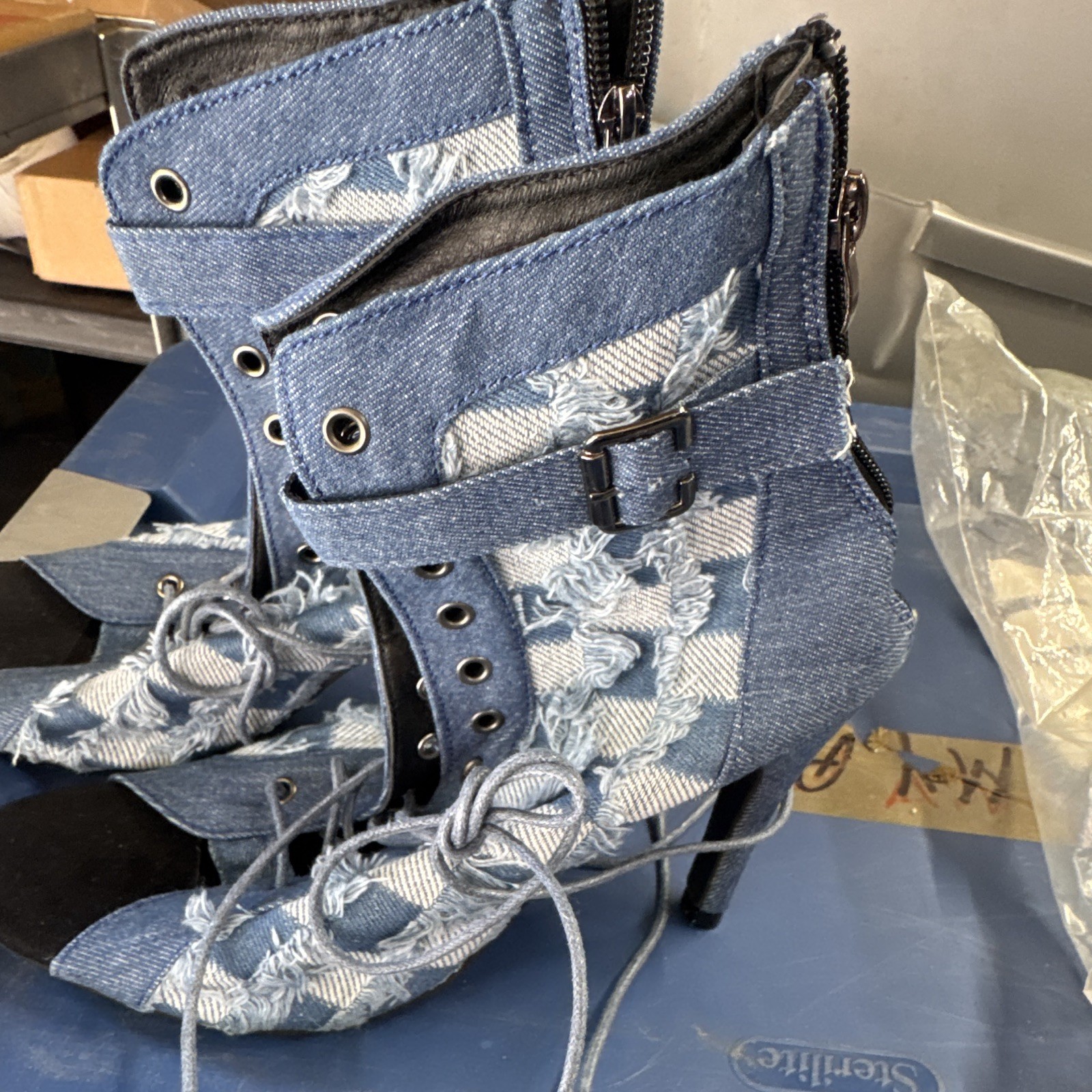 Women’s Blue/Black Denim Ankle Bootie Open Toe Lace-Up Zip Buckle Patchwork