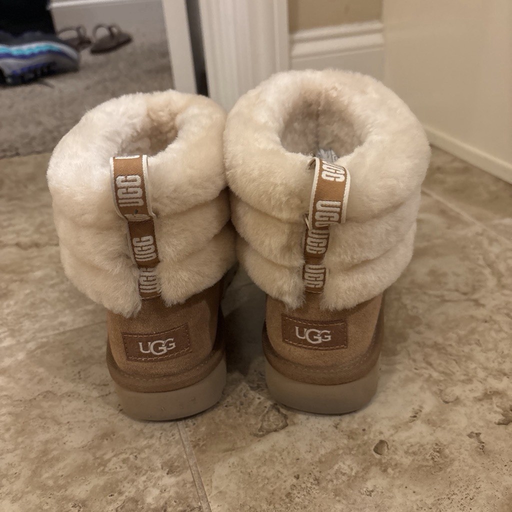 UGG Classic Mini Fluff Suede Sheepskin Lined Ankle Bootie Brown US 7