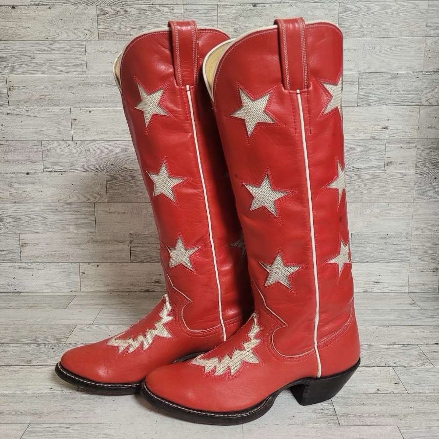 Women’s Custom Red Leather Star Inlay Patriotic Tall Rodeo Cowboy Boots Size 6