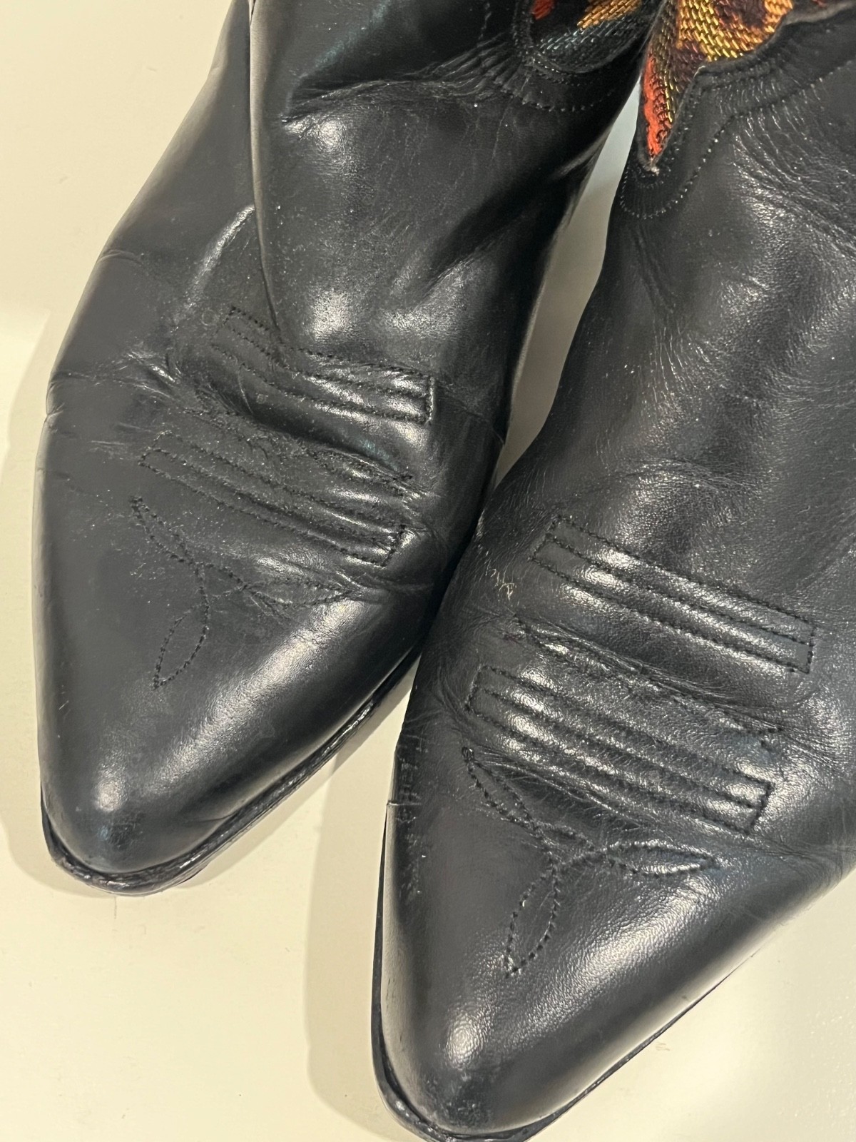 Vintage Seychelles Black Leather & Tapestry Textile Western Cowgirl Boots Sz 10