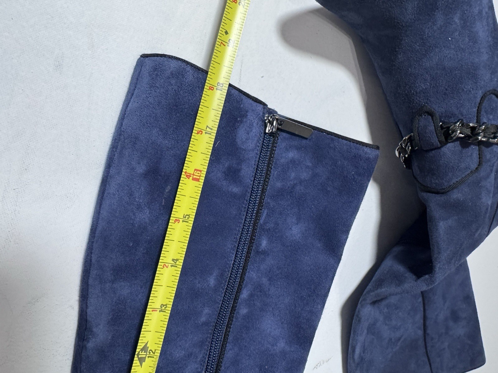 Karl Lagerfeld Paris Maryam Blue Suede Tall Boots Chain Detail NEW 7M 37.5