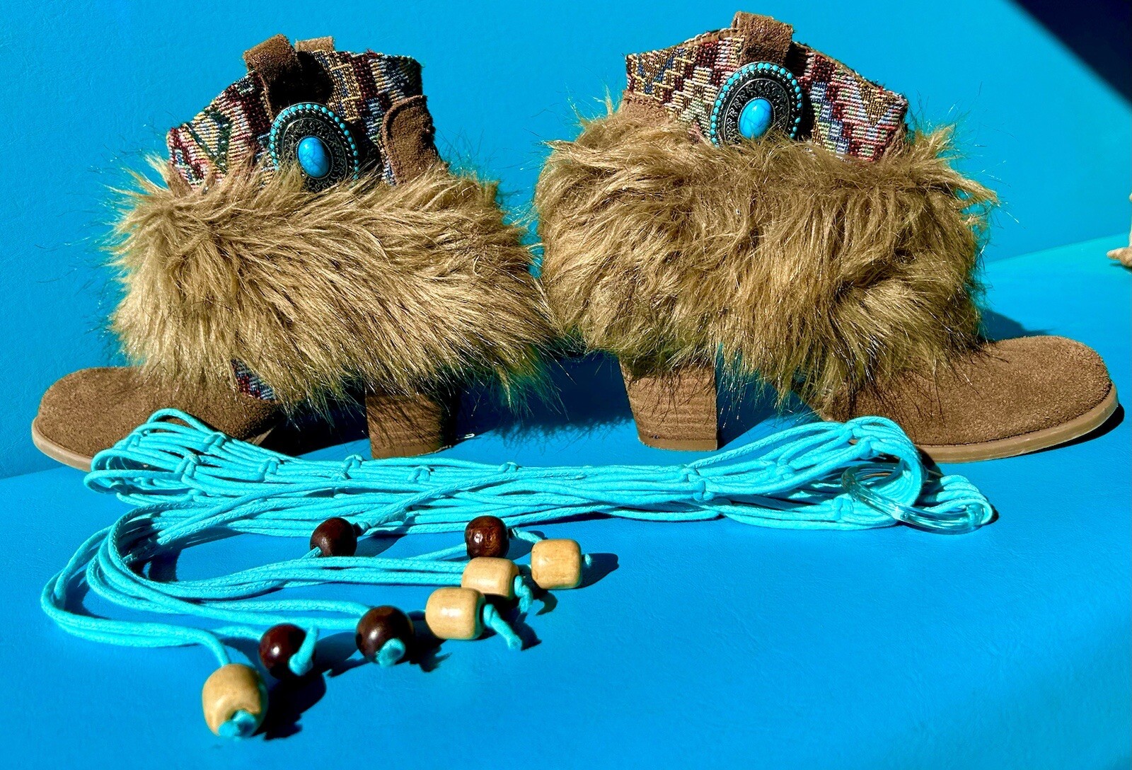 Upcycled Gypsy Boho Faux Fur Boots Size 6 Plus Macrame Beaded Hippie Belt