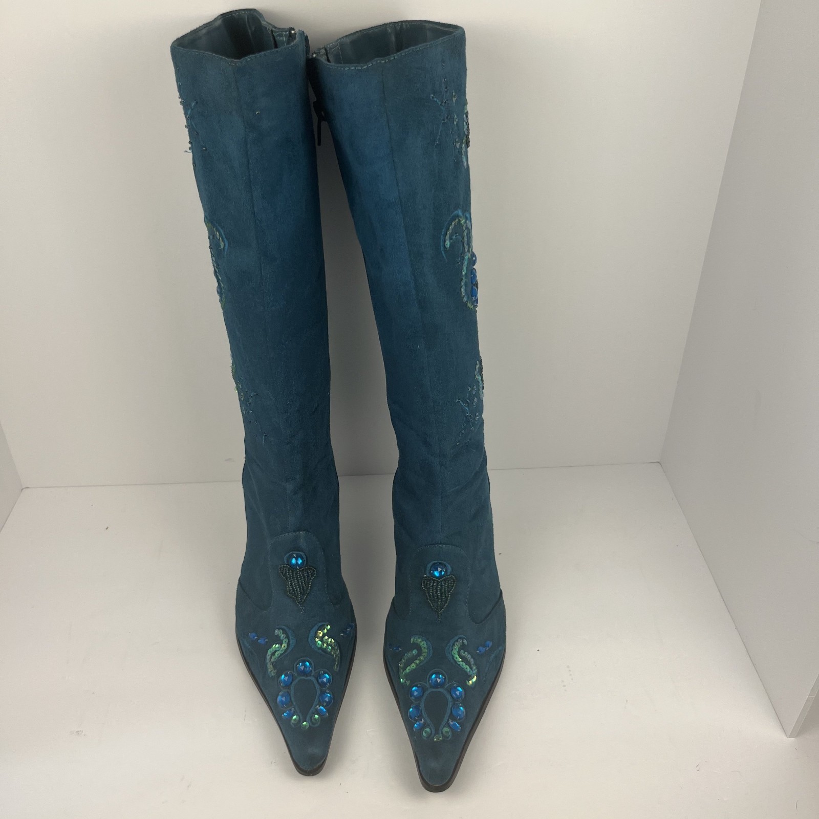 Turquoise Sequined Suede Pointed Toe Boots Size 10