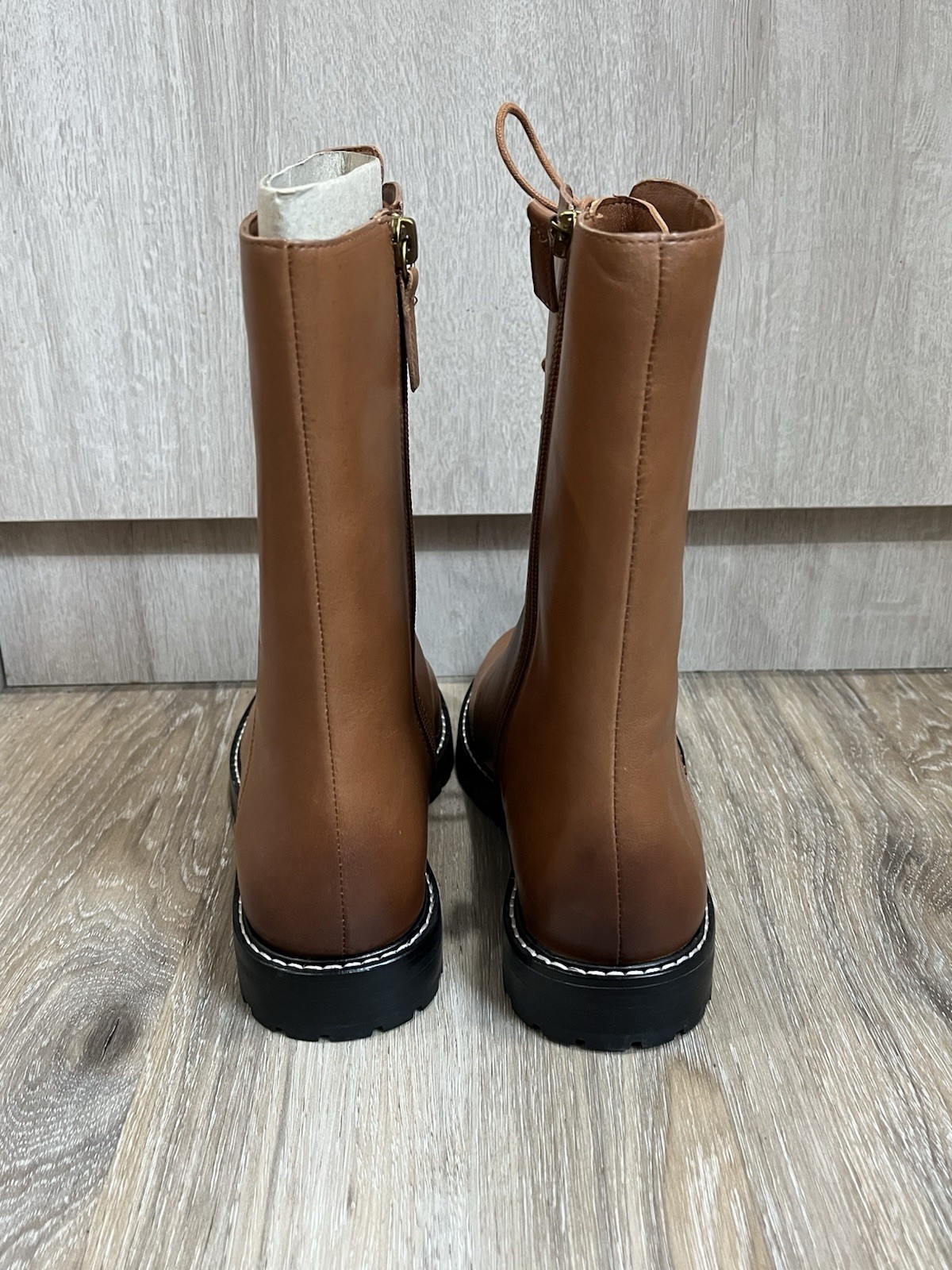 J.Crew Gwen Leather Combat Boots Cognac Brown Lace Up Side Zip Women’s 9