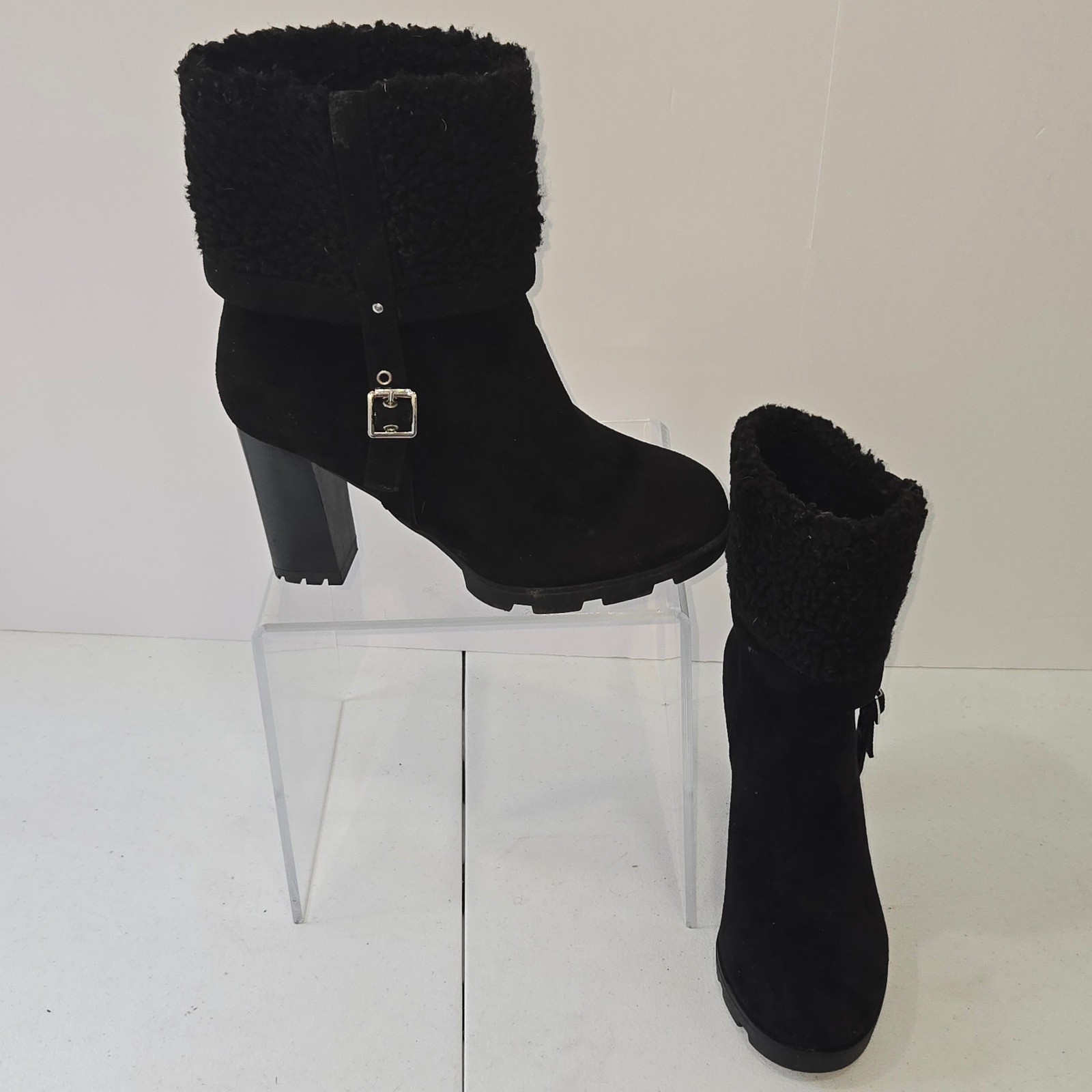 Rouge Helium Womens Black Faux Suede Sherpa Trim Buckle Block Heel Boots Size 9