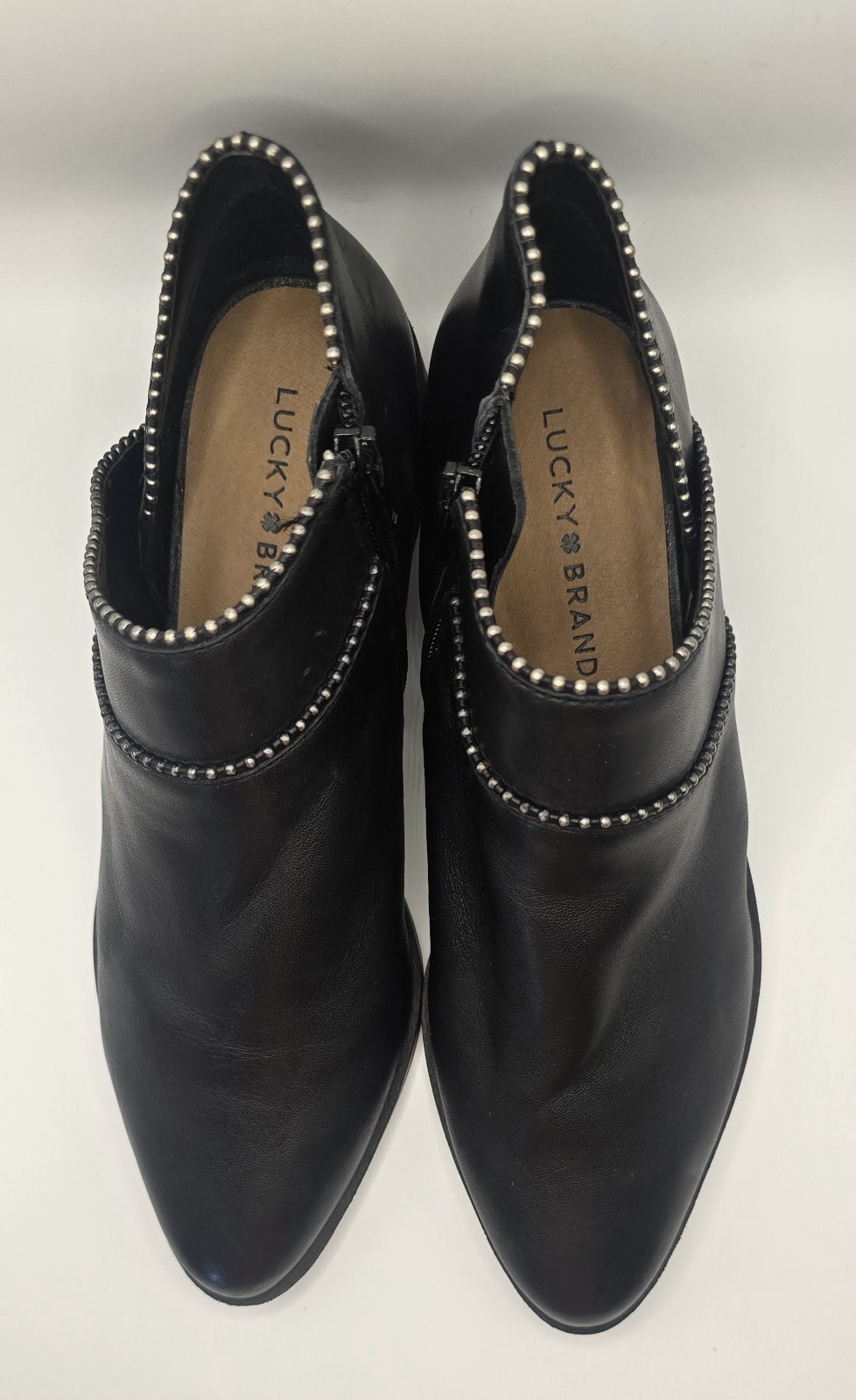 Lucky Brand Black Leather Studded Ankle Booties Zip Almond Toe Womens 8.5