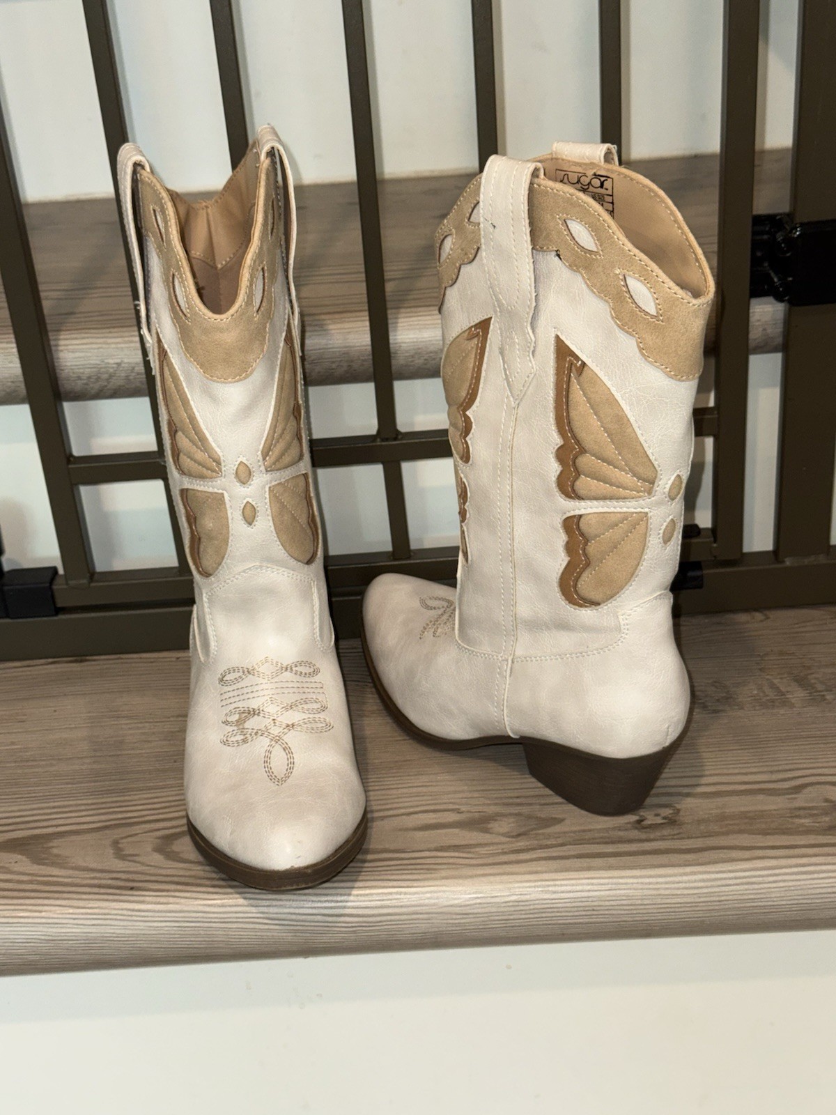 Women’s Western Cowboy Leather Mid-Calf Boots Beige Brown Embroidered Sz 7