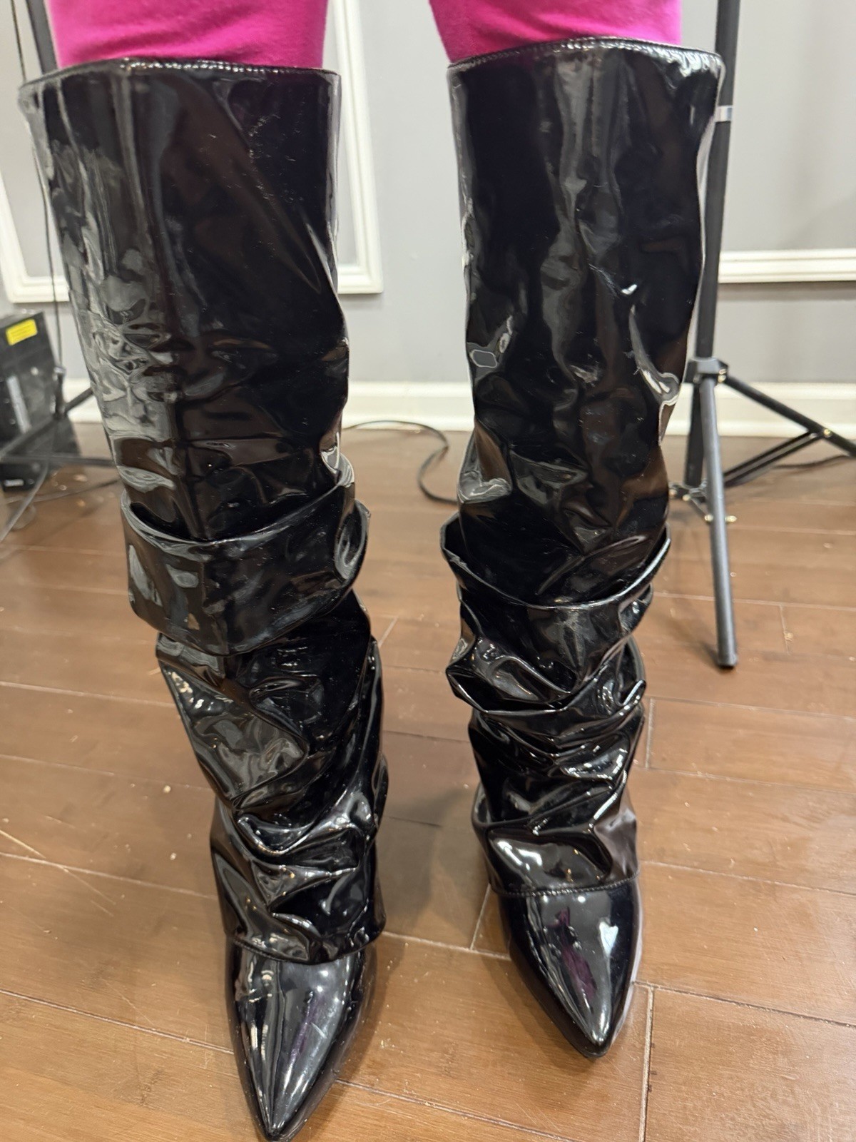 Black Patent Leather Slouch Knee-High Boots US 8.5 Pull On Pointed Toe