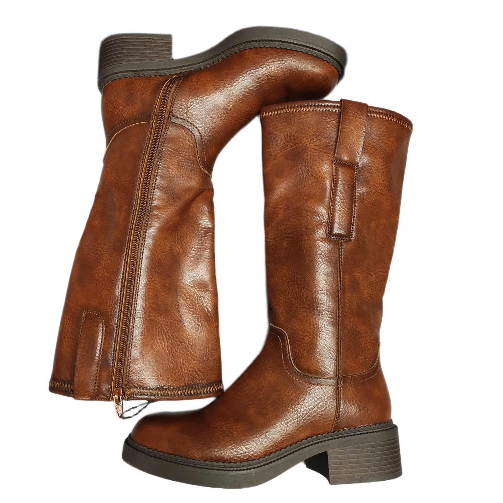 Frye & Co. Mayvis Knee-High Biker Boots Womens Size 6M Brown Synthetic Side Zip