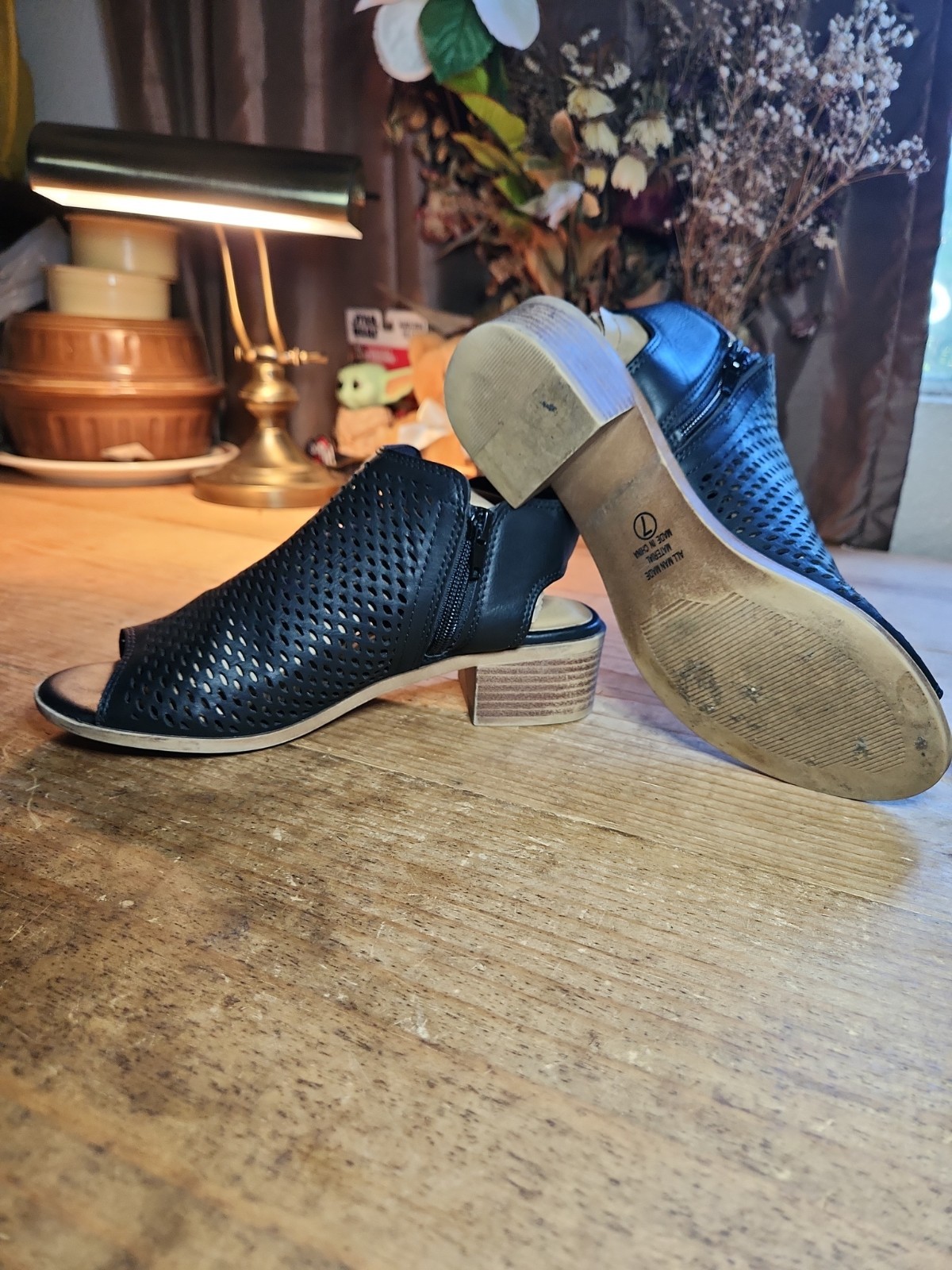 Woman’s Soda Black Perforated Open Toe Ankle Boot, Sz 7