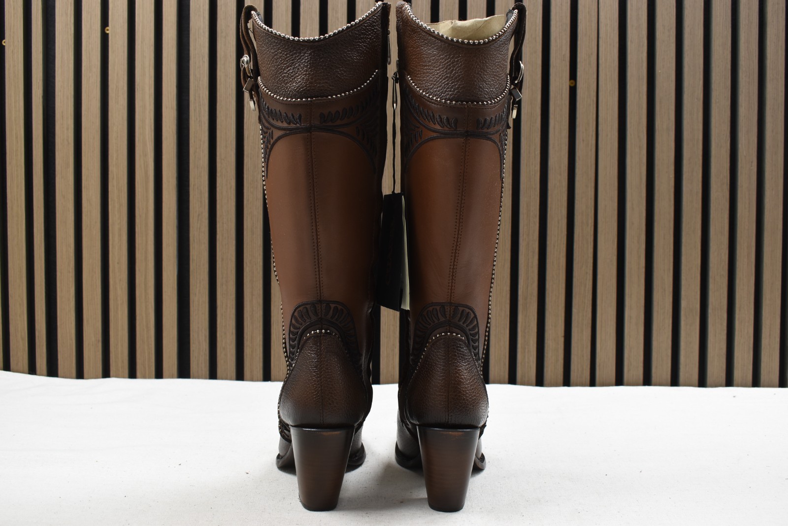Cuadra Ladies Chocolate Embroidery Round Toe Cowhide Leather Boot CU583 US 8 M