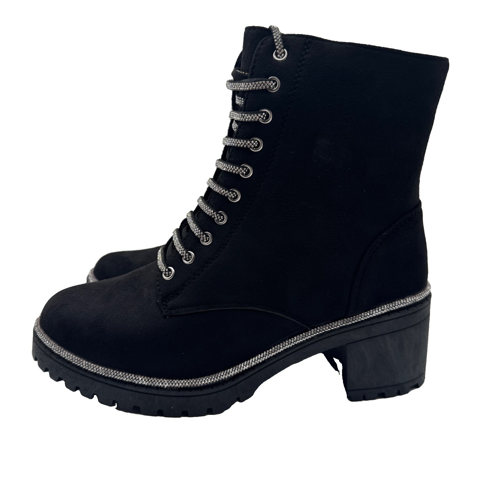 Rouge Women’s Glam Combat Boots Black Faux Suede Rhinestone Trim
