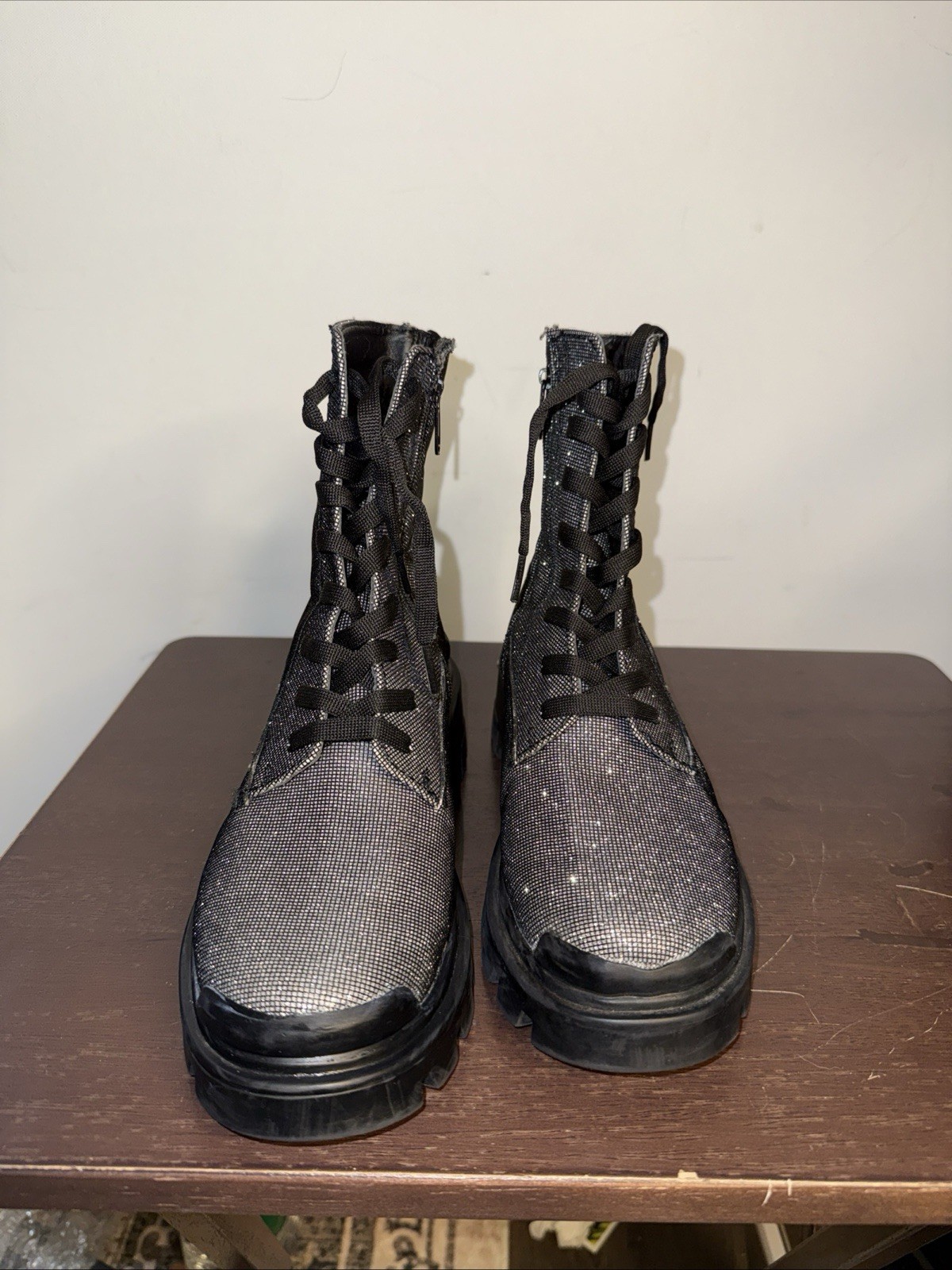 Erez Silver Glitter Combat Boots 5.5 Women’s Sparkly Ankle Bootie Festival Shoes