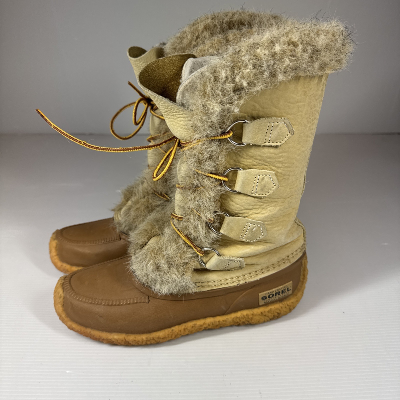 Sorel Nanook Winter Boots Womens 6 Tan Rubber Leather Upper Lined Plush Warm