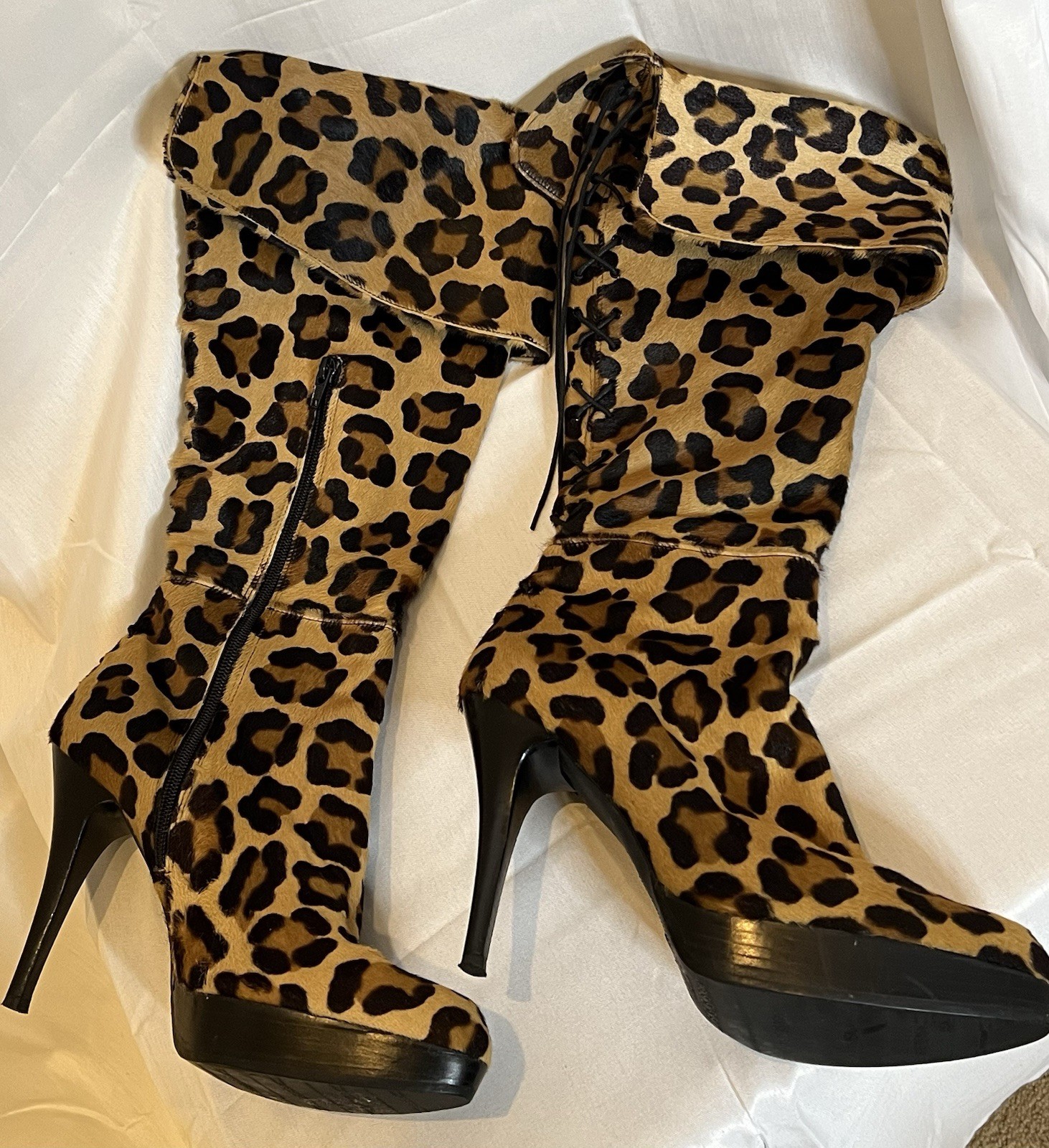 Stuart Weitzman Leopard Calf Hair Platform Knee High Boots Women’s 9.5 NWOT.