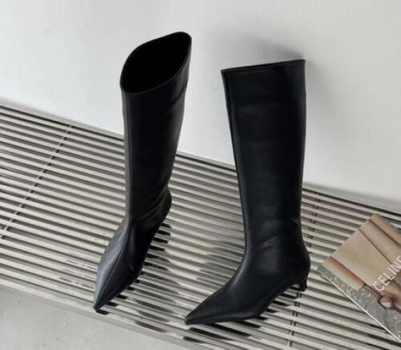 Mid Calf Boots Womens Pointy Toe Faux Leather Kitten Heel Pull On Casual Shoes