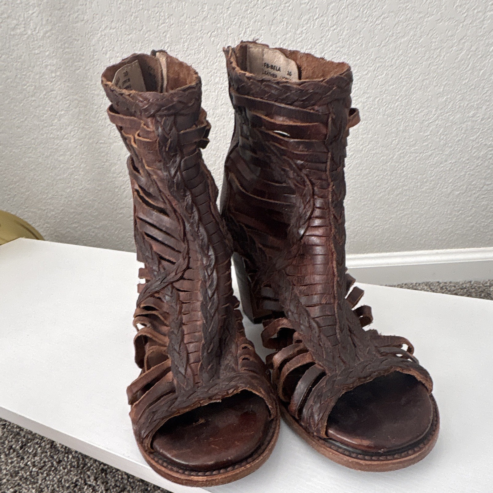 Freebird by Steven BELA Brown Distressed Leather Open Toe Gladiator Booties Wome