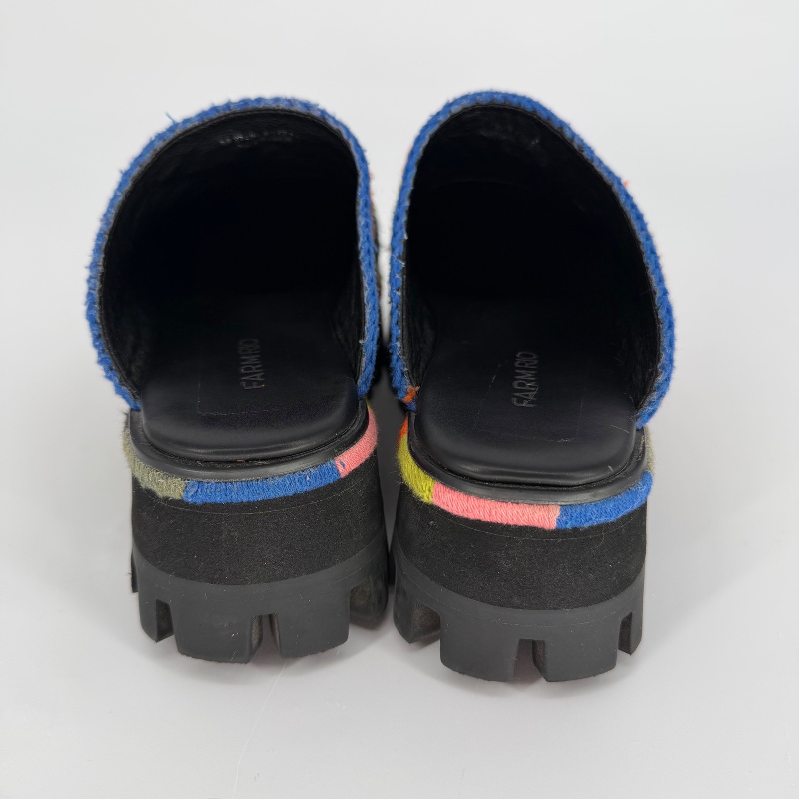 FARM RIO BLACK COLORFUL CROCHET PLATFORM MULES SIZE 8 GRANNY SQUARE BOHO HIPPIE