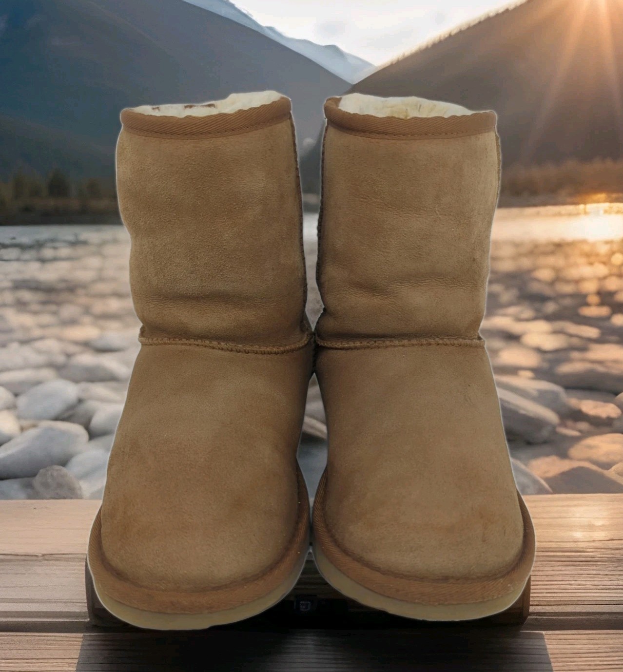UGG Boots Suede Sheepskin TAN/CHESTNUT Fur Lining Short 5825 Mens 5 Womens 6 37
