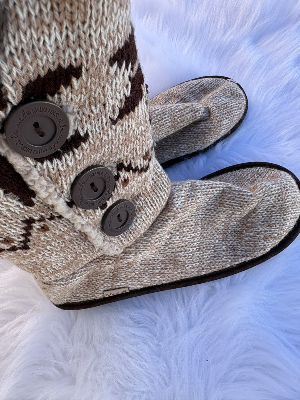 MukLuka Al La Mode Snowflake Print Knit Sweater Boots Sz. 9 Beige And Brown