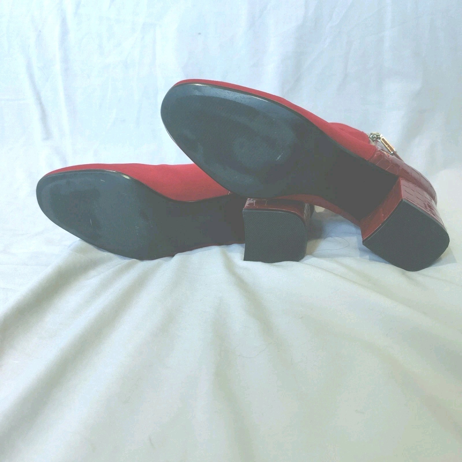 Amelia Grace Deep Cherry Red Faux Croc Skin & Suede Heeled Boots Sz 9 Mob Wife