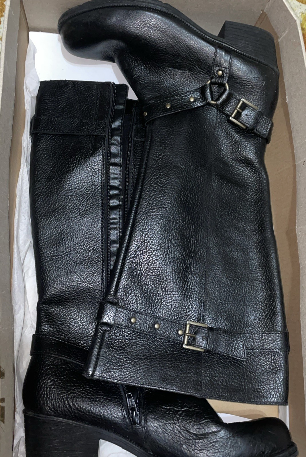 Born Boc Boots 9M Knee High Tall Riding Black Leather Harness Straps Buckles
