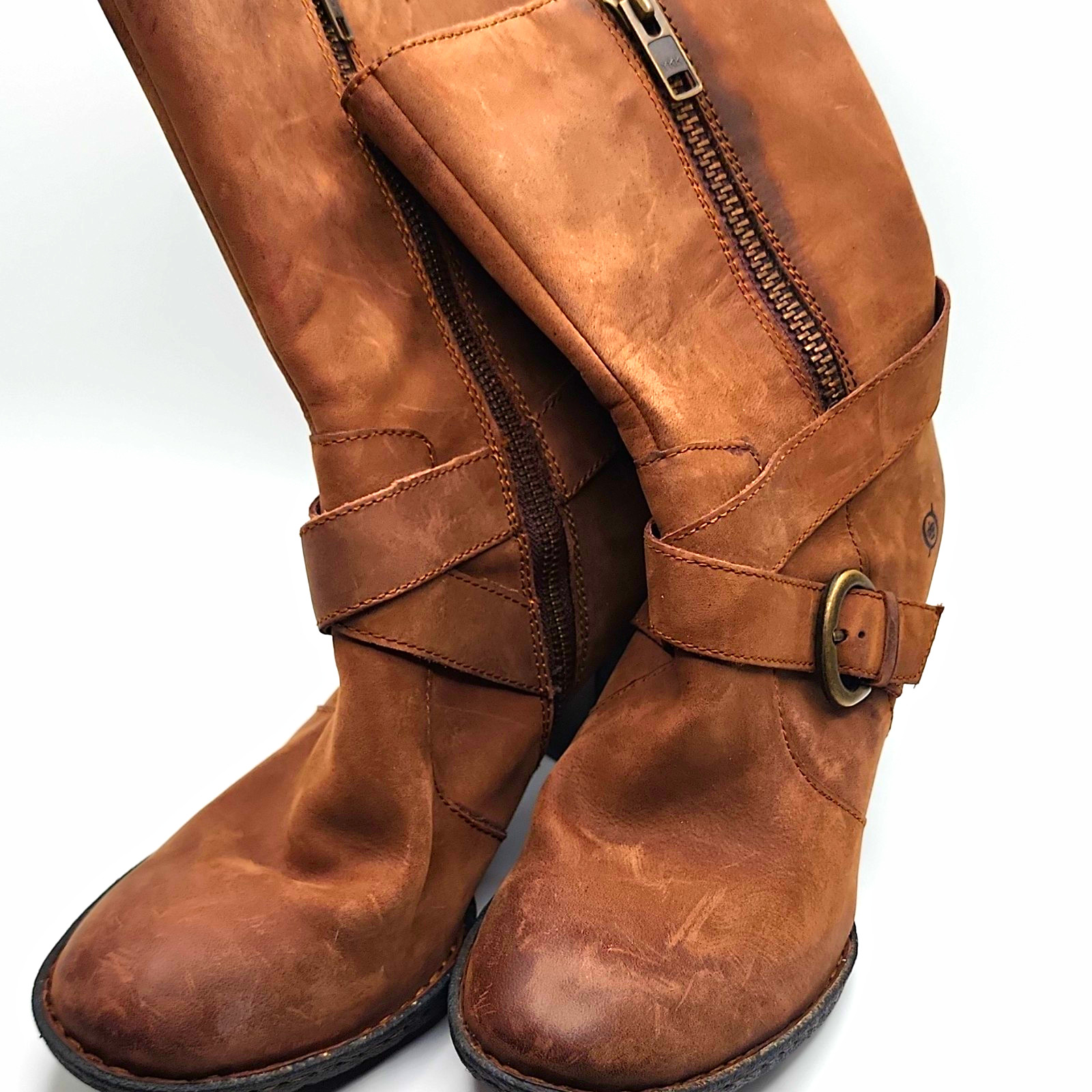 Børn Women’s 9 Brown Leather Mid-Calf Riding Boots Zip Buckle Round Toe