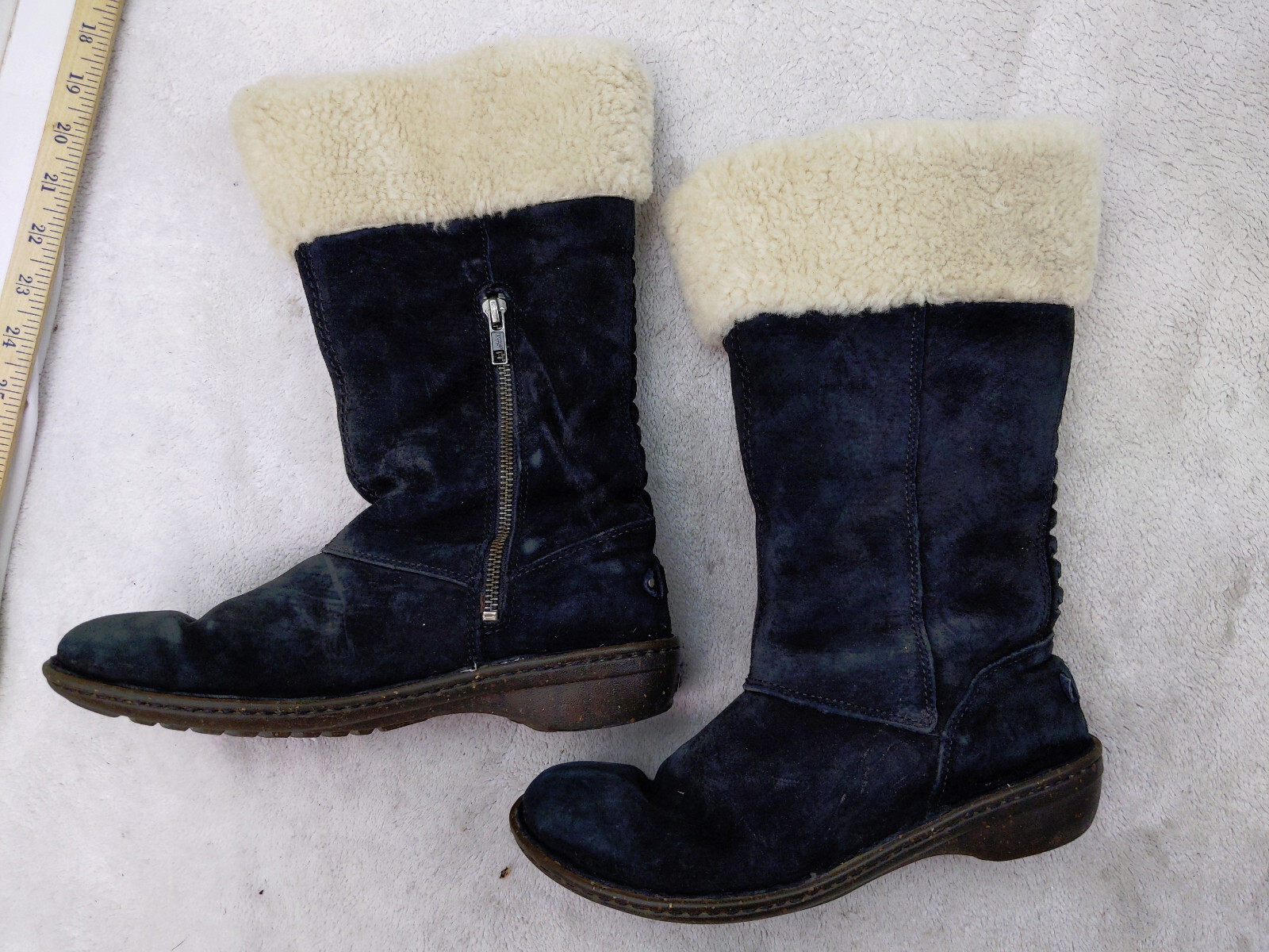 Ugg Karyn Cuff Shearling Boots Womens 8 39 Black Suede Leather Mid-calf Zip