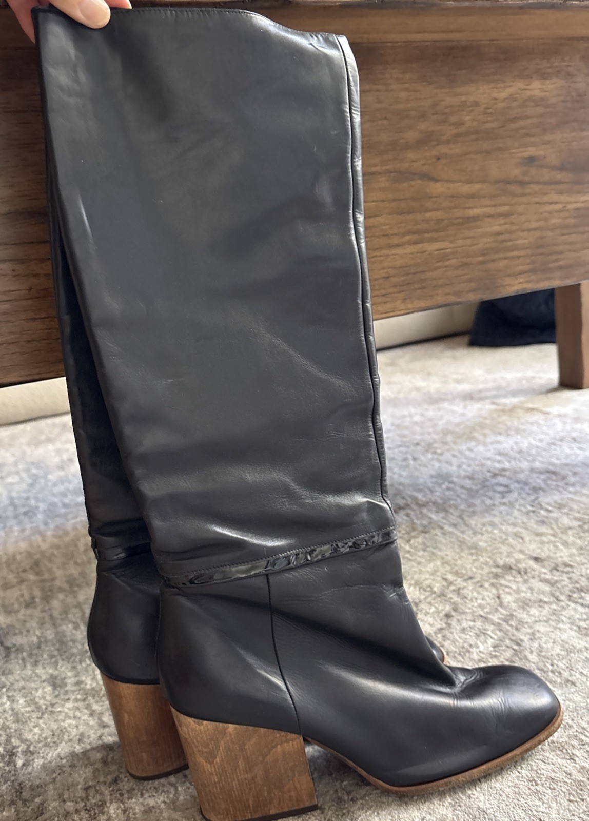 Robert clergerie Women’s Size 10 Black Leather Wooden Heel Knee High Boots