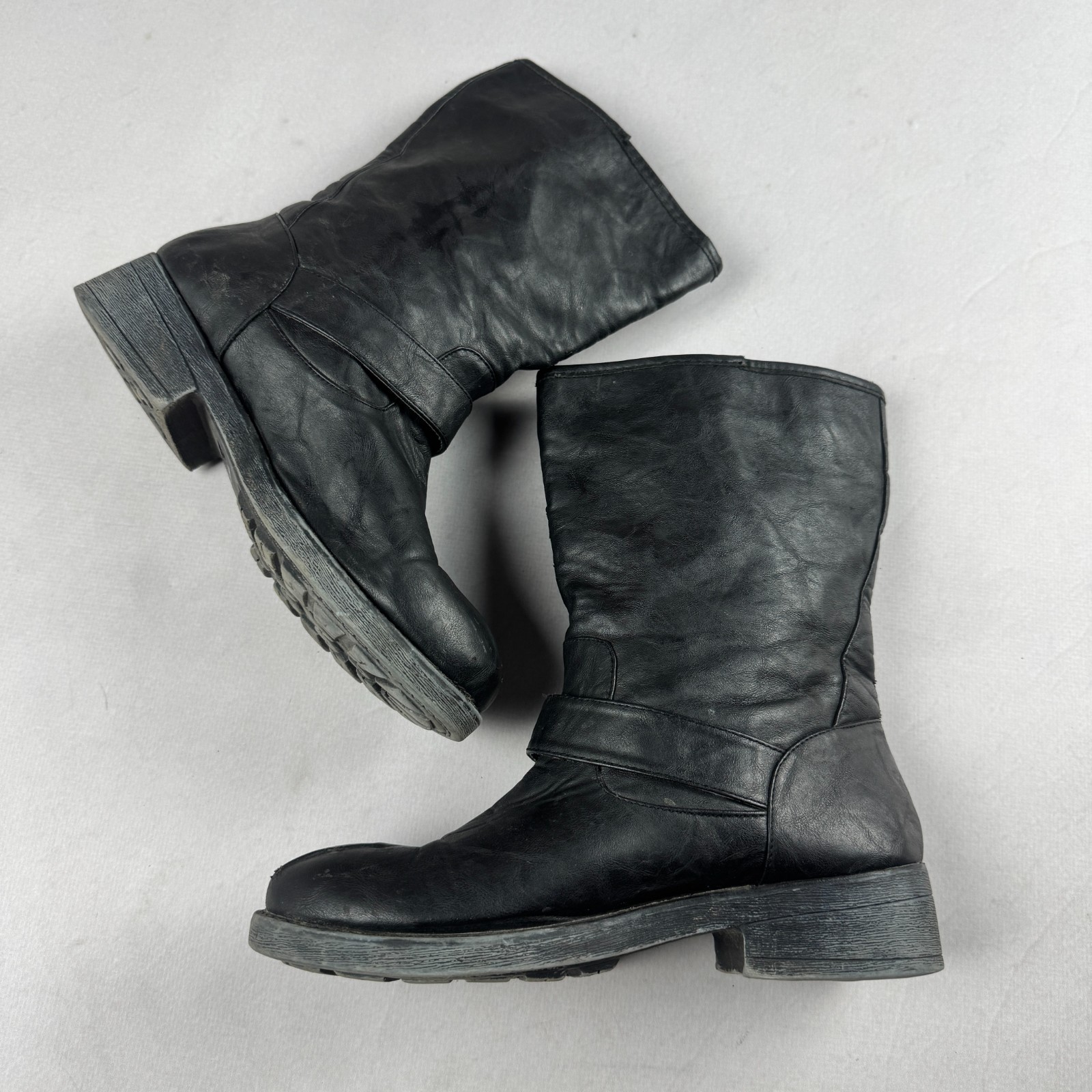 Y2K Skull Studded Biker Boots Black Leather Punk Gothic Moto Buckle Mid Calf