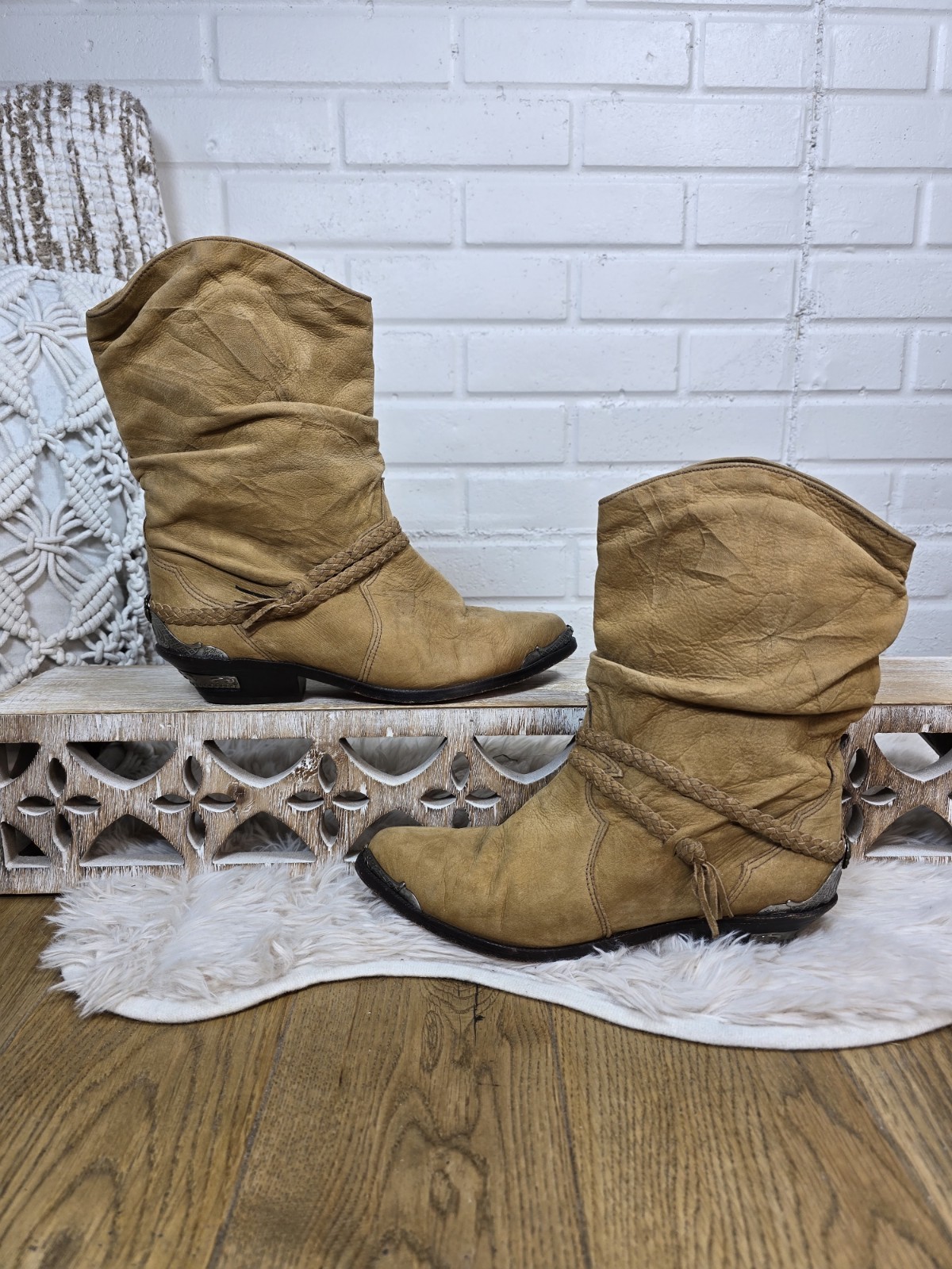 Vintage Zodiac Tan Leather Slouch Cowboy Boot Size 8