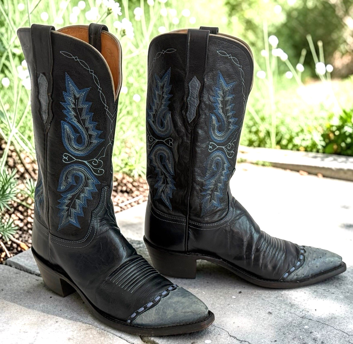 LUCCHESE 1883 Black & Blue Ostrich Wingtip Embroidered Cowgirl Boots Sz 8.5B