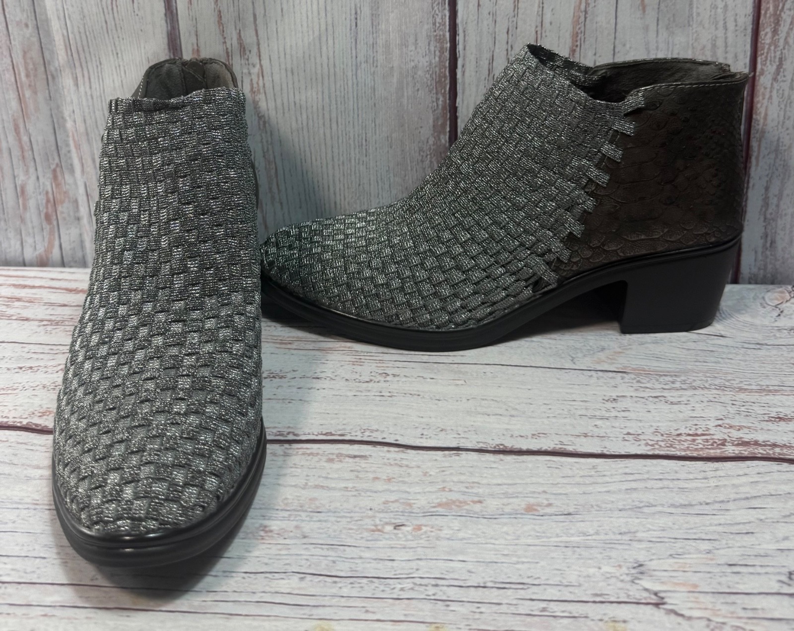 Steve Madden Penga Booties Women’s Metallic Woven Back Zip Block Heel 8.5