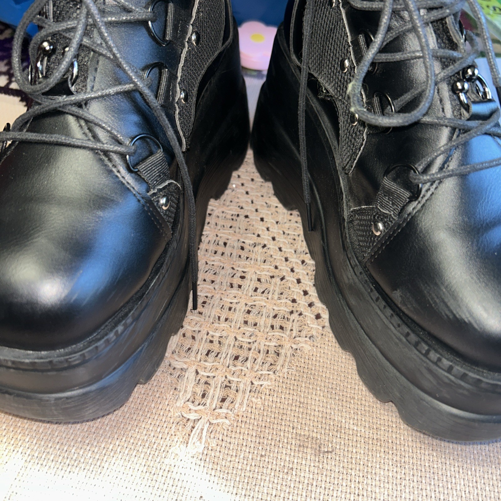 Women’s Black Ankle Combat Boots Lace-Up Buckle Zipper Stud Ring Round Toe