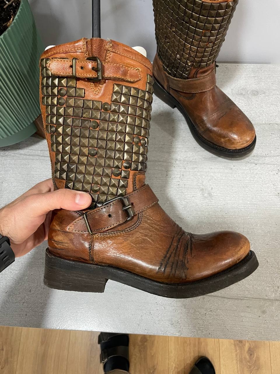 Ash Distressed Brown Leather Studded Moto Boots EUR 36.5 US 6
