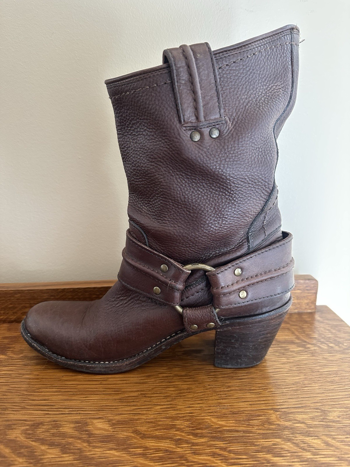 Frye Carmen Brown Leather Moto Harness Heeled Pull On Slouchy MidCalf Boots 8.5