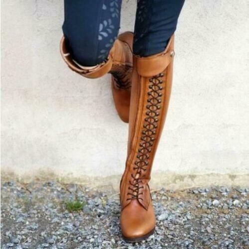 Hot Womens Boots Knee High Lace Up Shoes Stacked Heels Leather Tall Riding Boots