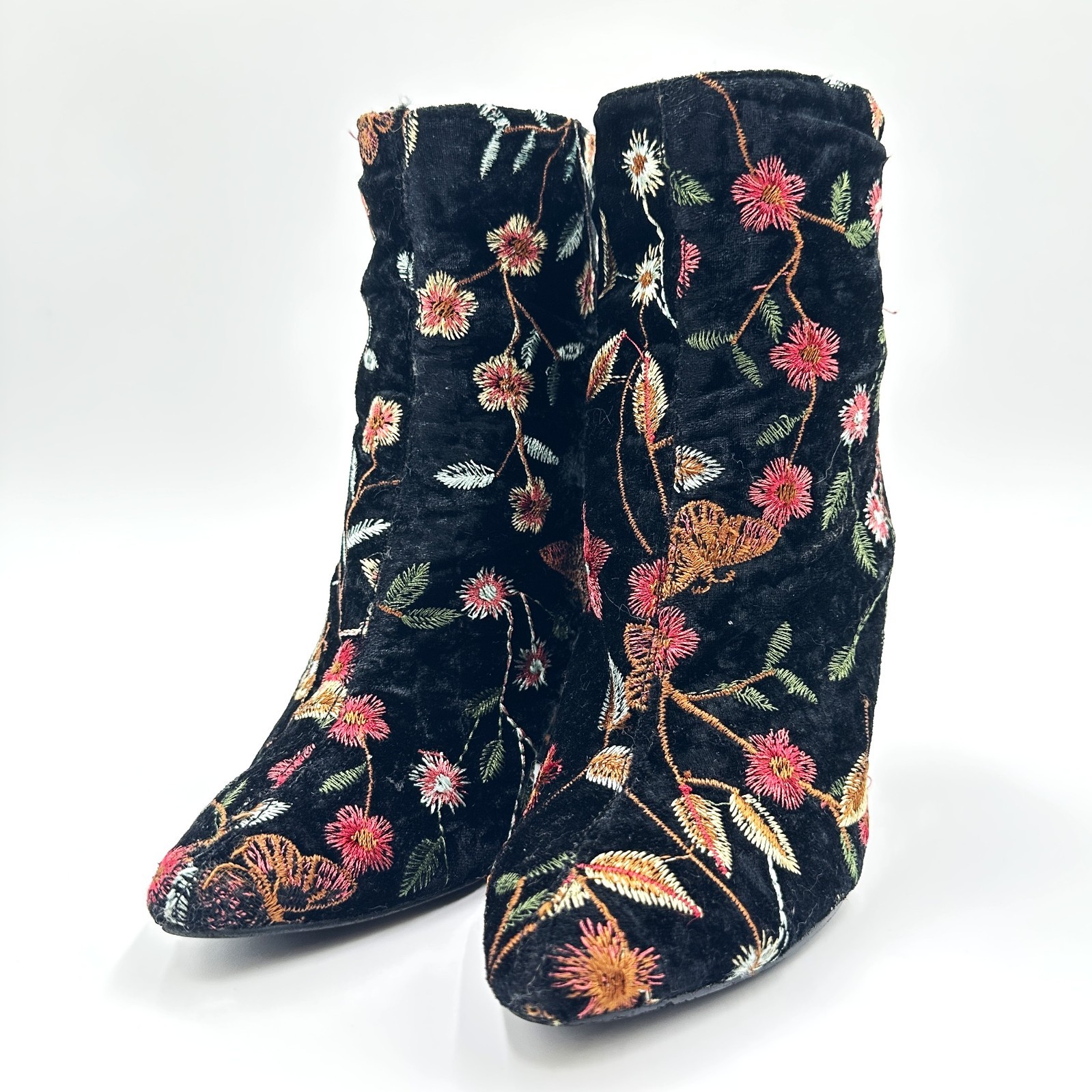 Public Desire Velvet Embroidered Boots Womens 7 Black Floral Butterfly Ankle Zip