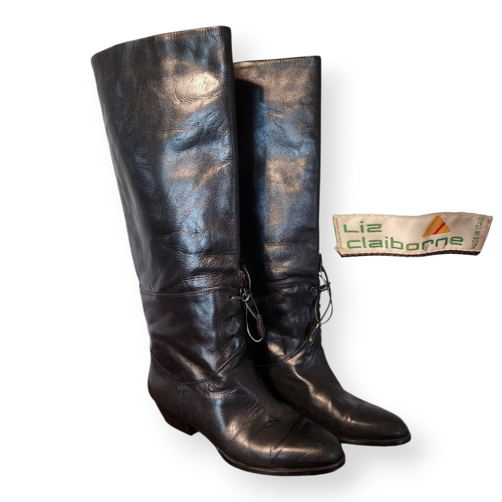 Vintage Liz Claiborne Italian Black Leather Tall Riding Boots Cinch Tie Sz 6.5