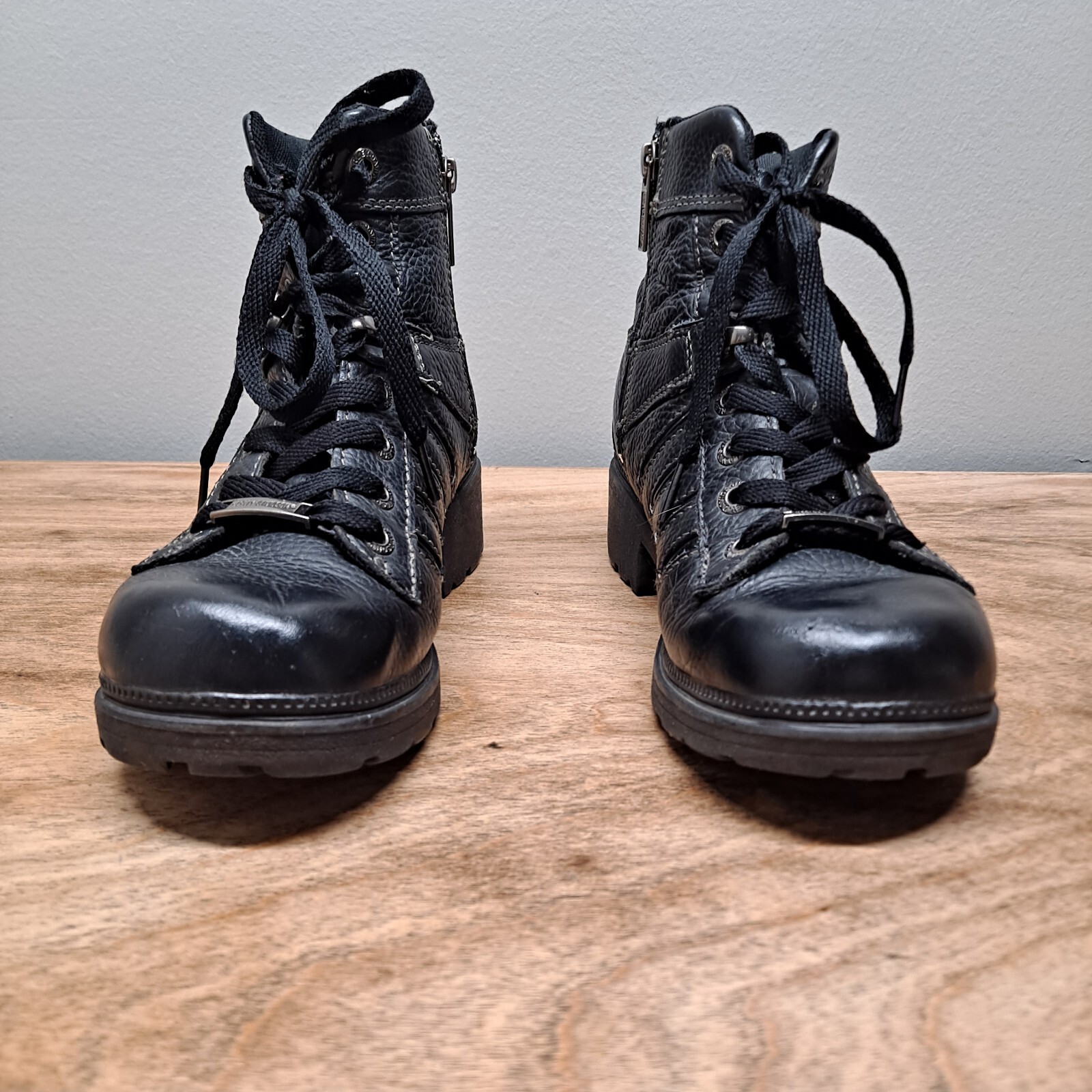Harley Davidson Womens 8.5 Black Leather Lace-Up Side-Zip Motorcycle Boots 85292