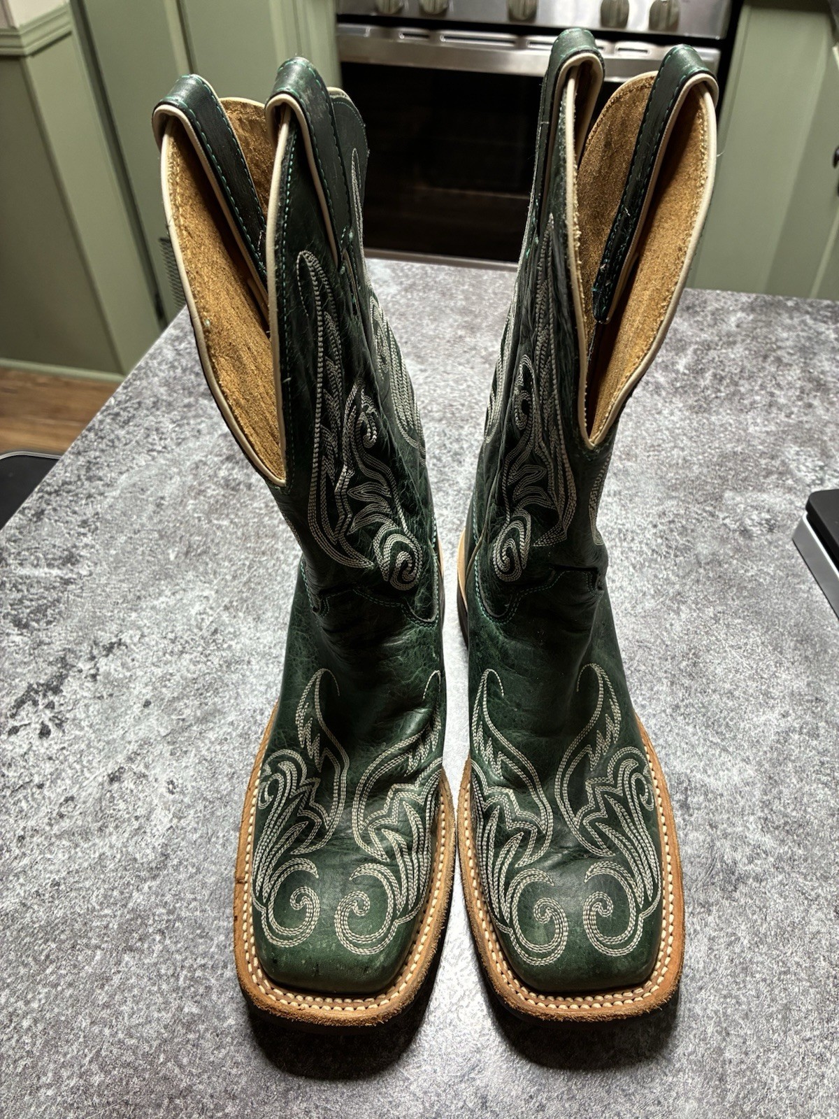 Justin Bent Rail Collection Green Leather Embroidered Cowgirl Boots BRL211 8.5