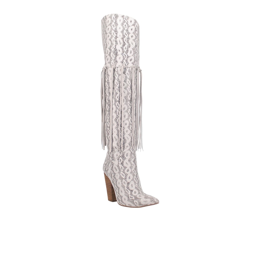Dingo Kitty Kat Fringe Snake Snip Toe Pull On Cowboy Womens White Casual Boots