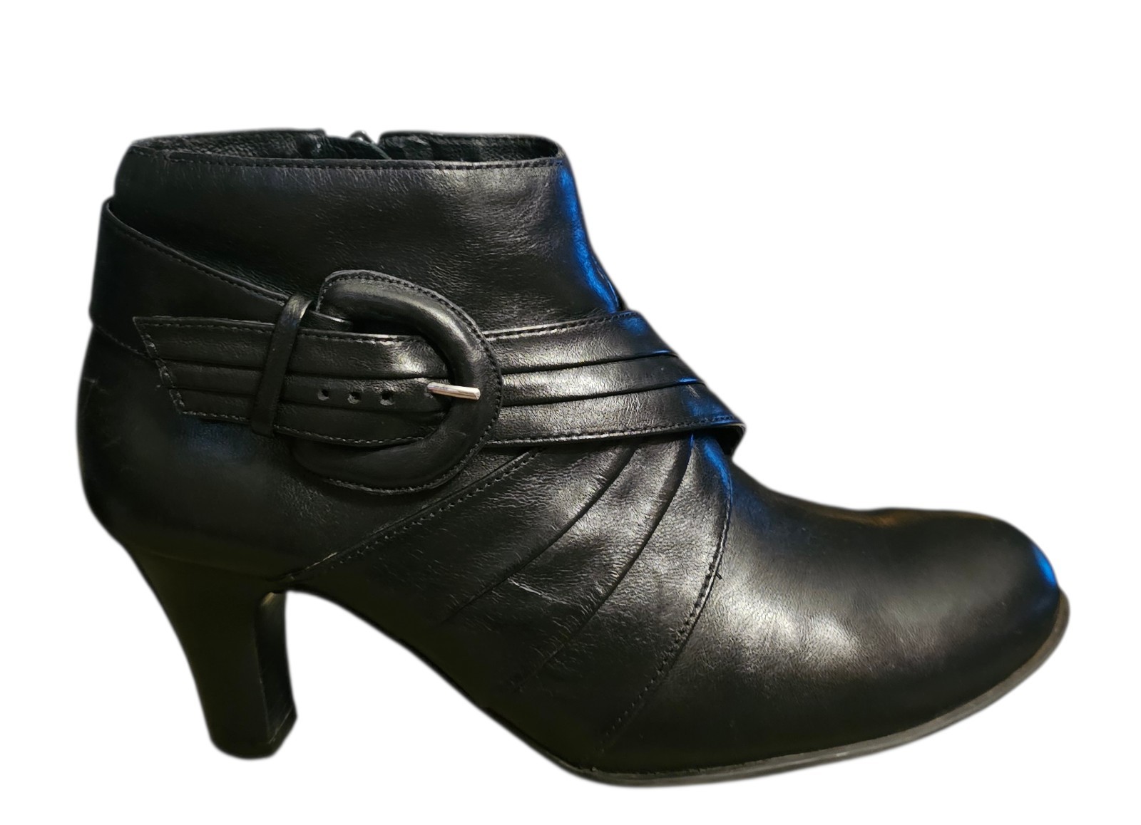 Nurture DonnaBlack Leather Ankle Heeled Boots Women 8M Buckle Side Zip Sleek