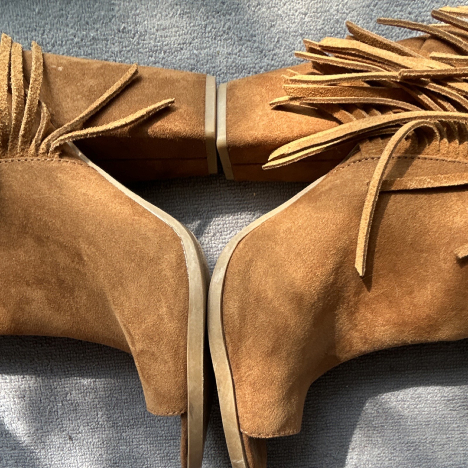 dv Suede Brown Fringe Open Toe Block Heel Ankle Bootie Women’s Size 7