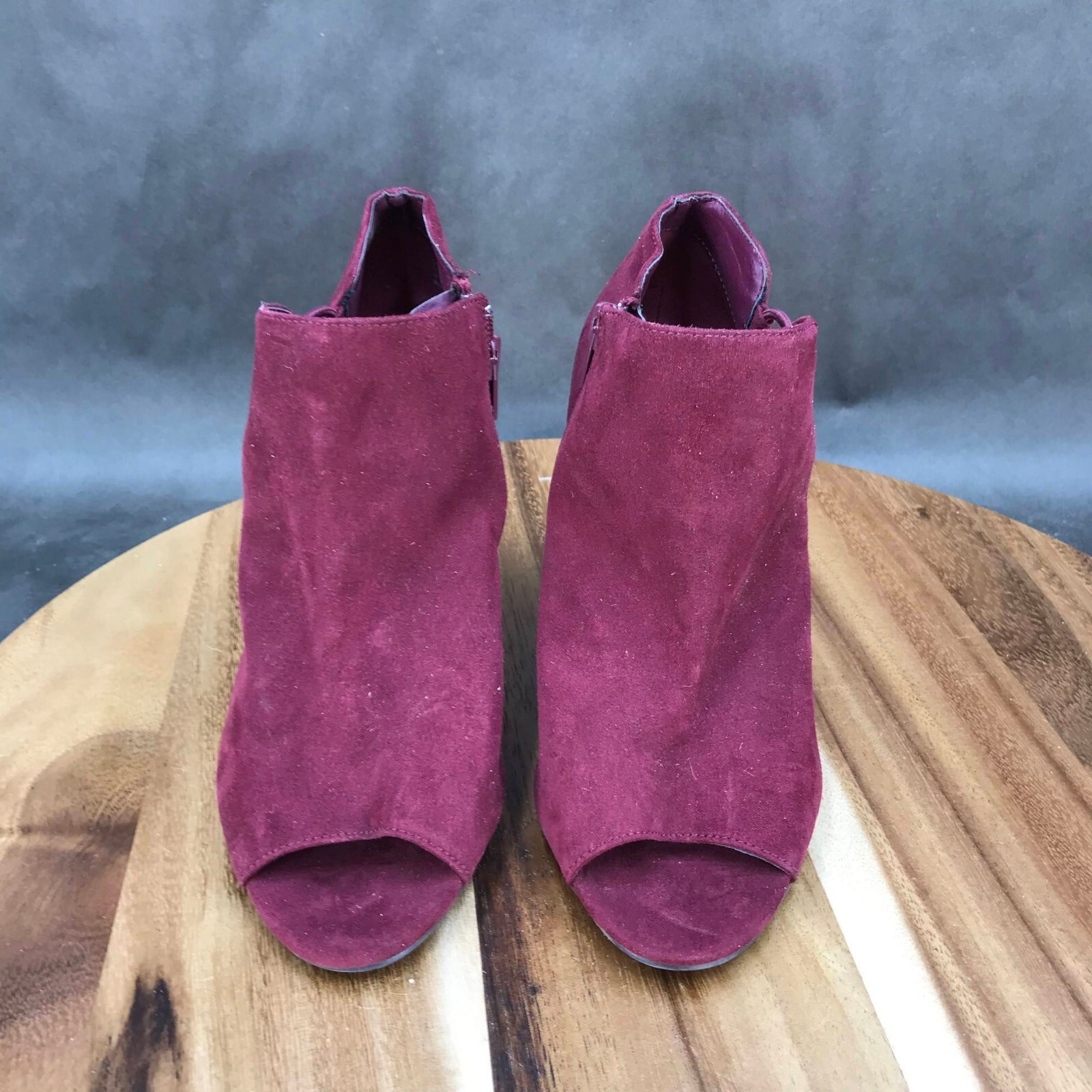 Maurices Red Faux Suede Zip Up Peep Toe Wedge Booties Womens Size 6