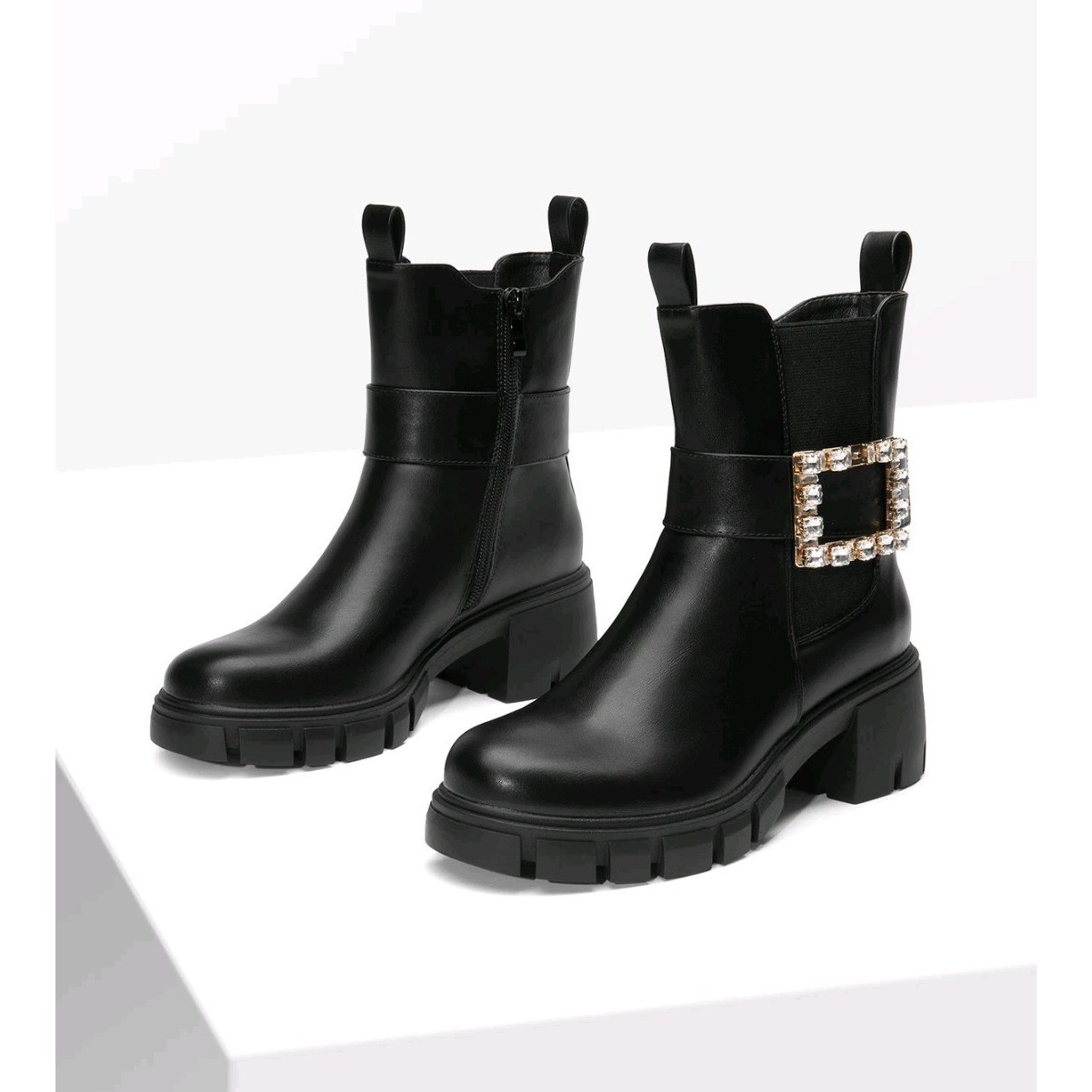 Dream Paris Womens Black Block Heel Rhinestone Buckle Side Zip Boots Size 6.5