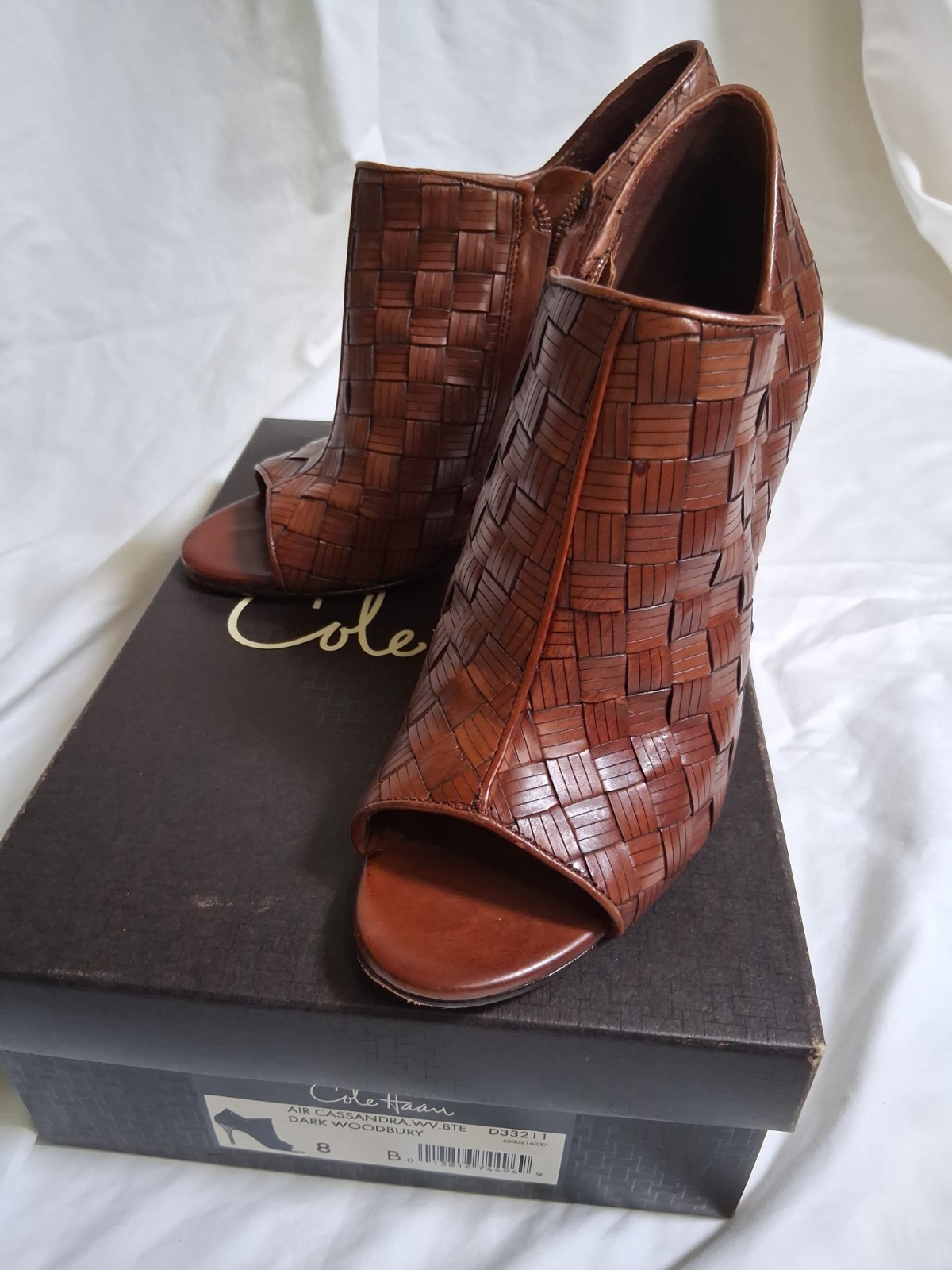 Cole Haan Women’s Cassandra Woven Peep-Toe Bootie Brown Size 8B